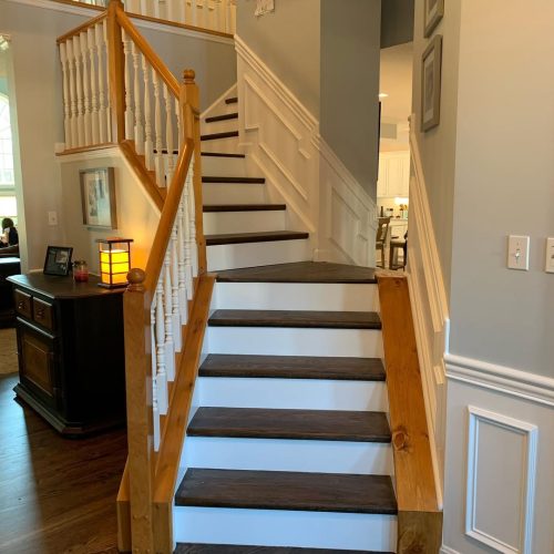 Before and after pics of a complete stair tread riser install. This was a repeat customer that w