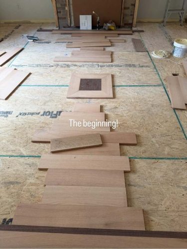 Installed 6 inch rift quarter sawn red oak with a walnut border from @hickmanwoods . Glue and